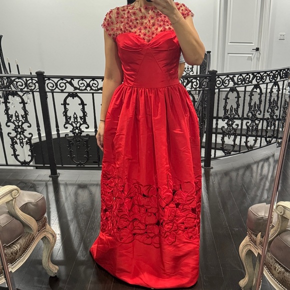 knee length dresses for ladies Oscar de la Renta Dress Red Organza-Trim Guipure Lace Size 4 Sleeveles   Celebrity Owned